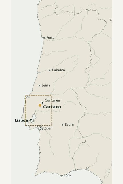 Mapa de Portugal com o Cartaxo assinalado entre Lisboa e Santarém.