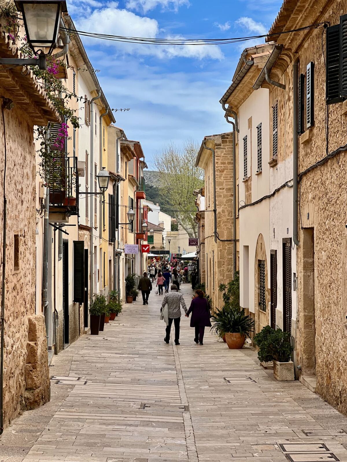 Rua pedonal de uma vila histórica, ladeada por casas de pedra e moradores a caminhar