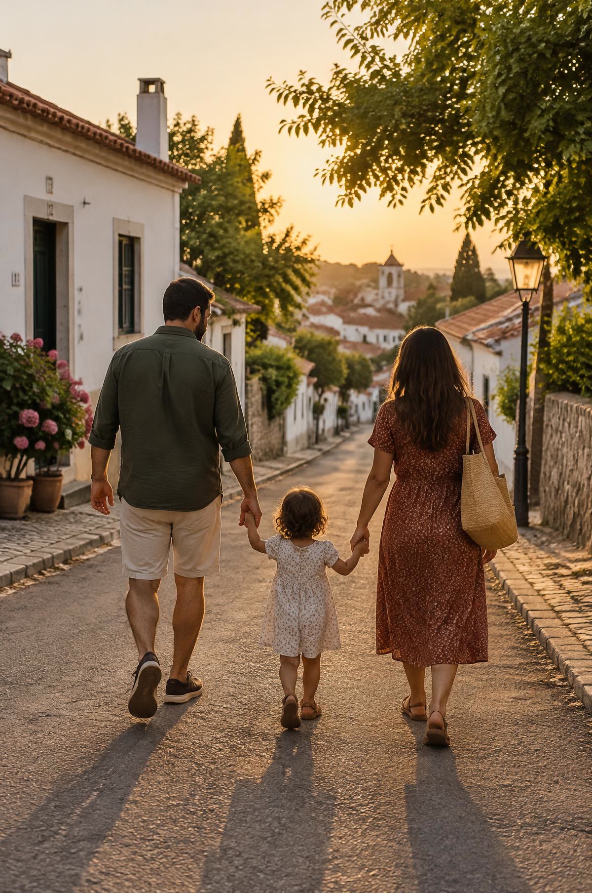Família de costas, de mãos dadas, a caminhar numa rua de aldeia ao fim da tarde