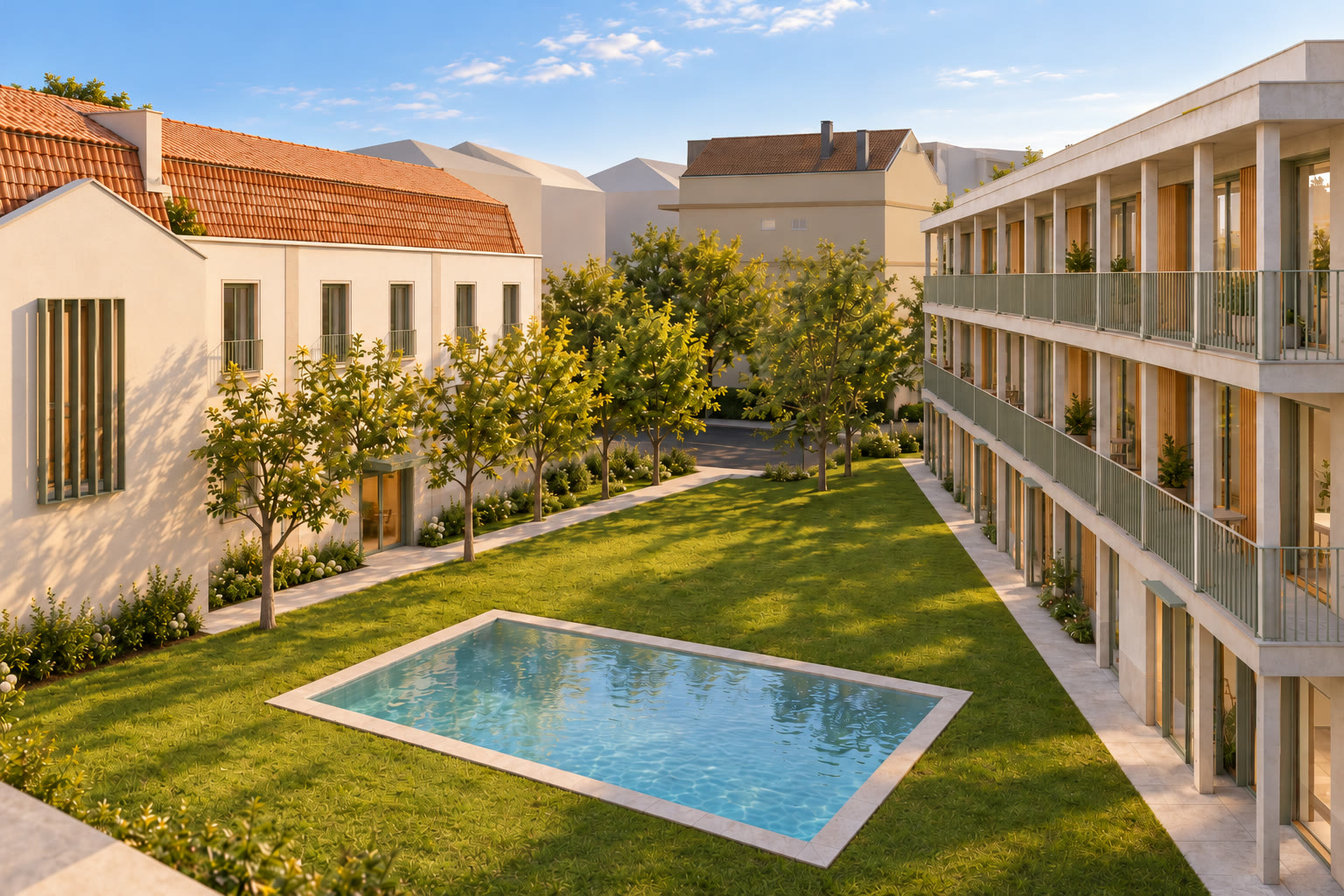 Pátio interior ajardinado ao sol, com a piscina comum no relvado entre o edifício reabilitado e o edifício novo de varandas