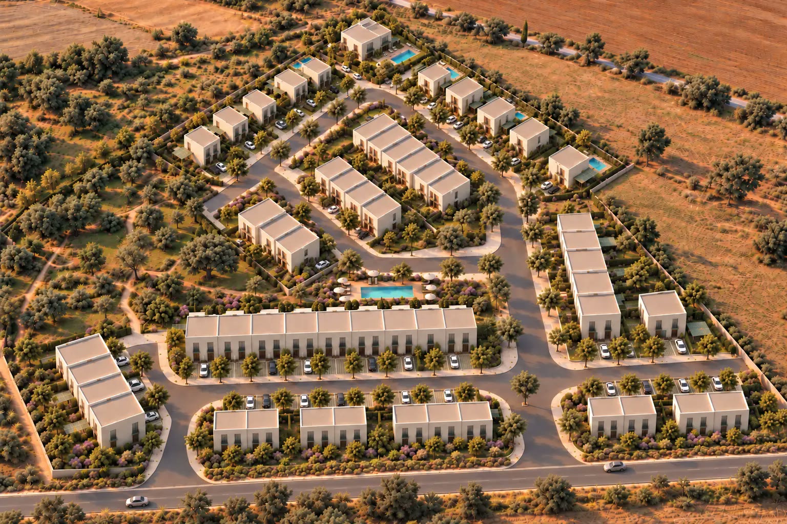 Vista aérea ampla do loteamento das Casas do Vale, com moradias em banda, geminadas e isoladas entre olivais