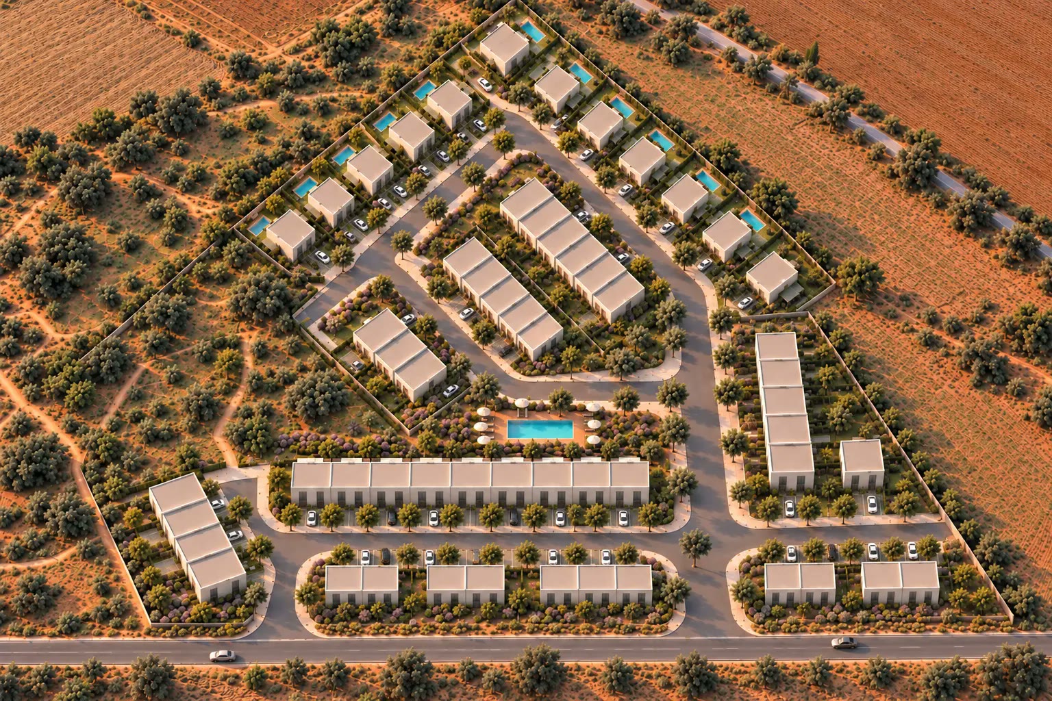 Perspetiva aérea das Casas do Vale ao entardecer, com moradias, ruas arborizadas e a piscina comum entre campos agrícolas