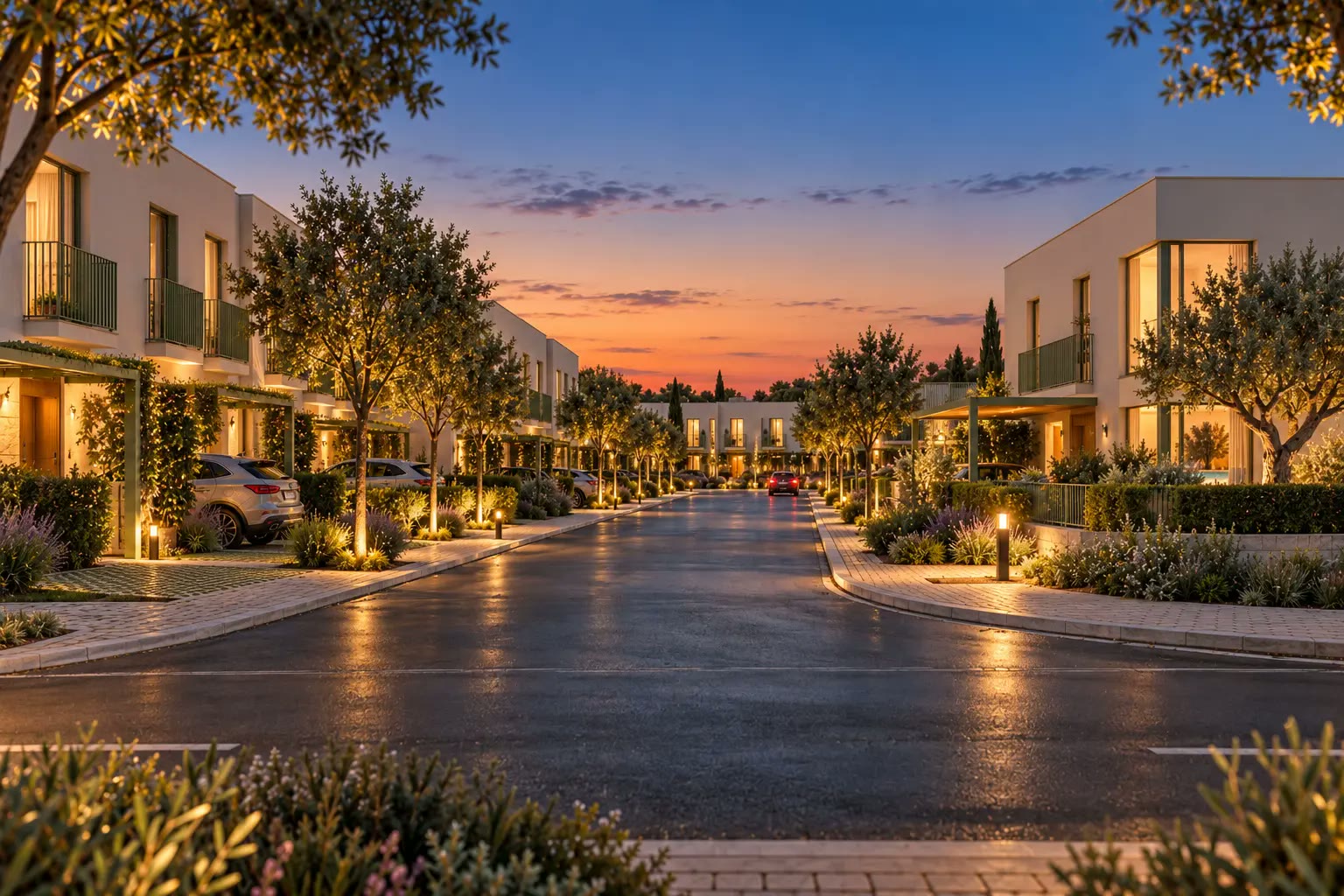 Avenida residencial das Casas do Vale ao entardecer, com moradias iluminadas e jardins de ambos os lados