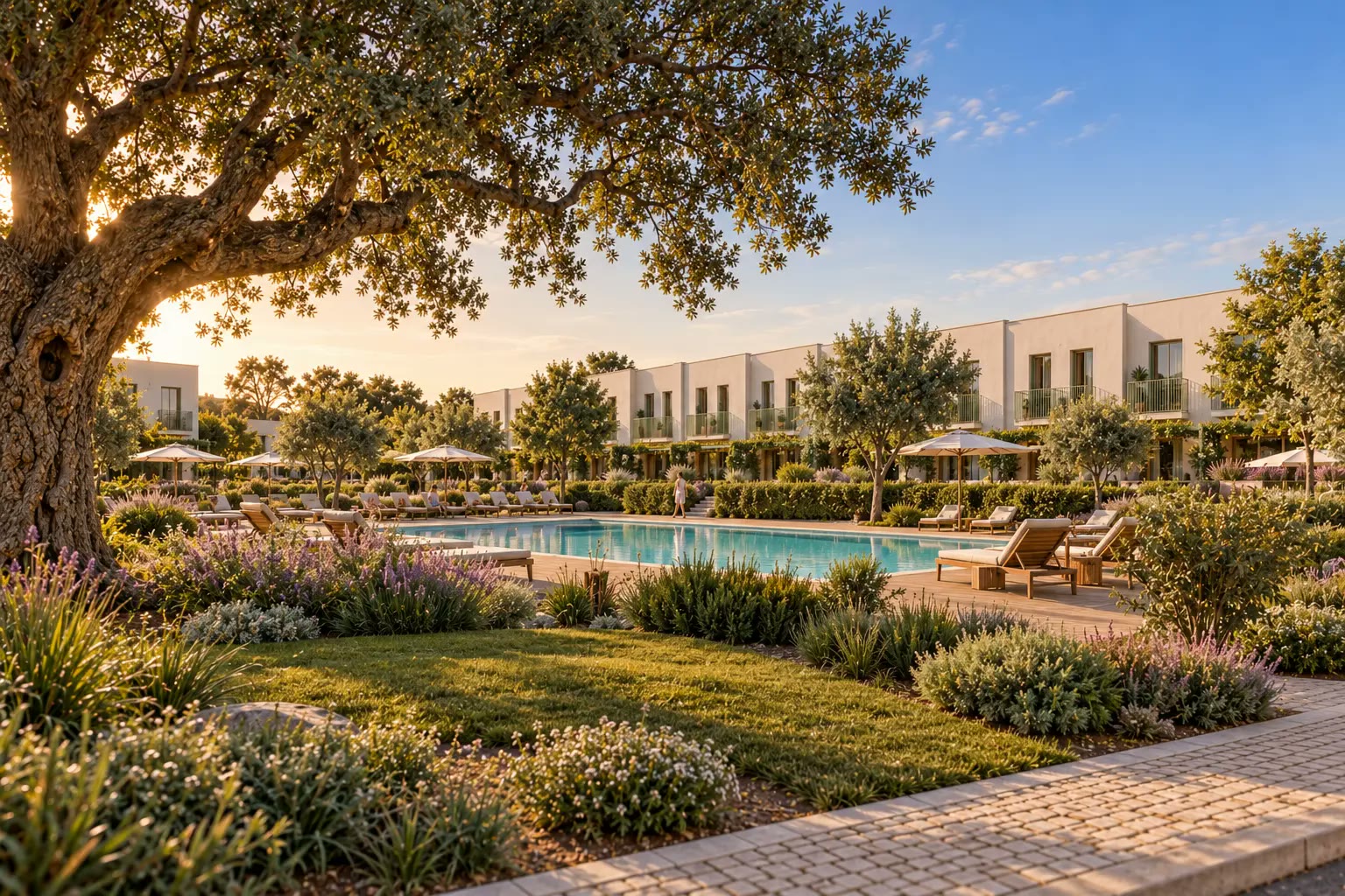 Piscina de uso comum das Casas do Vale ao pôr do sol, com espreguiçadeiras, jardins e moradias ao fundo