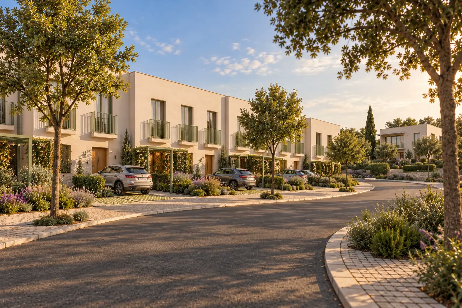 Fachadas das moradias em banda das Casas do Vale, com varandas, telheiros e jardins junto à rua