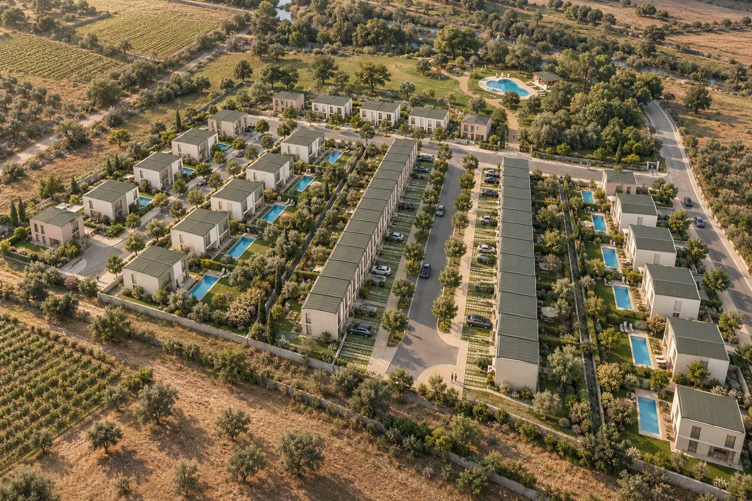Perspetiva aérea da Quinta da Várzea ao fim da tarde, com moradias, jardins privados com piscina e ruas arborizadas entre vinhas e olivais