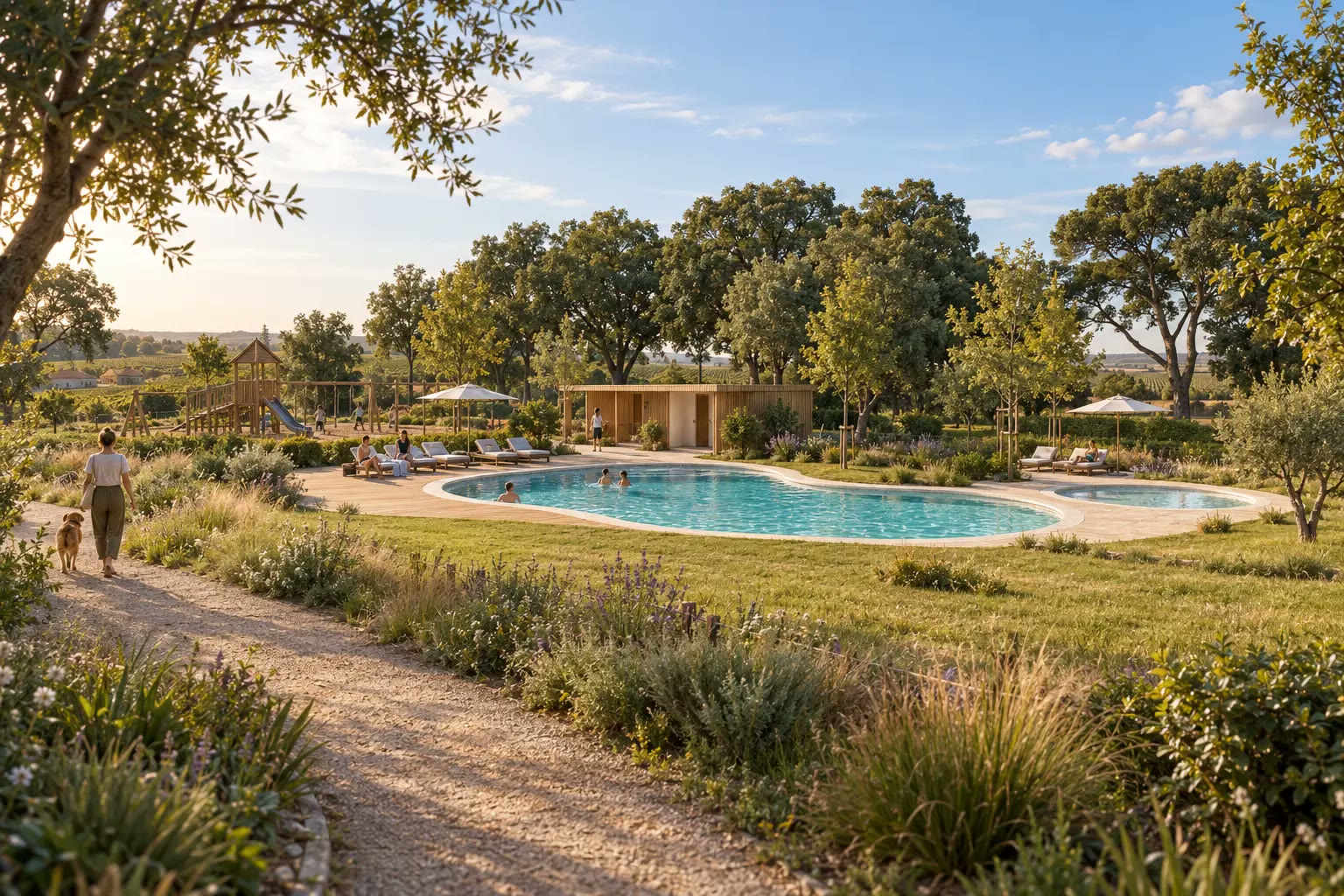 Piscina de uso comum da Quinta da Várzea, rodeada de relva e vegetação, com um caminho de terra em primeiro plano